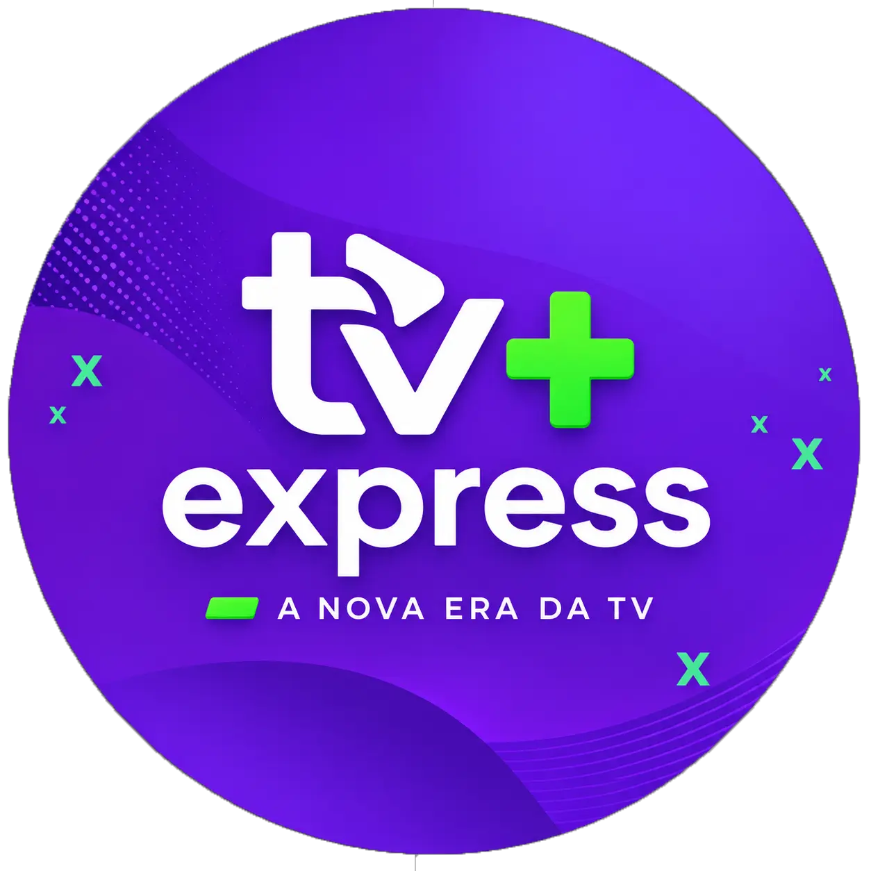 TV+ Express Logo TV+ Express com letras brancas e sinal de mais verde